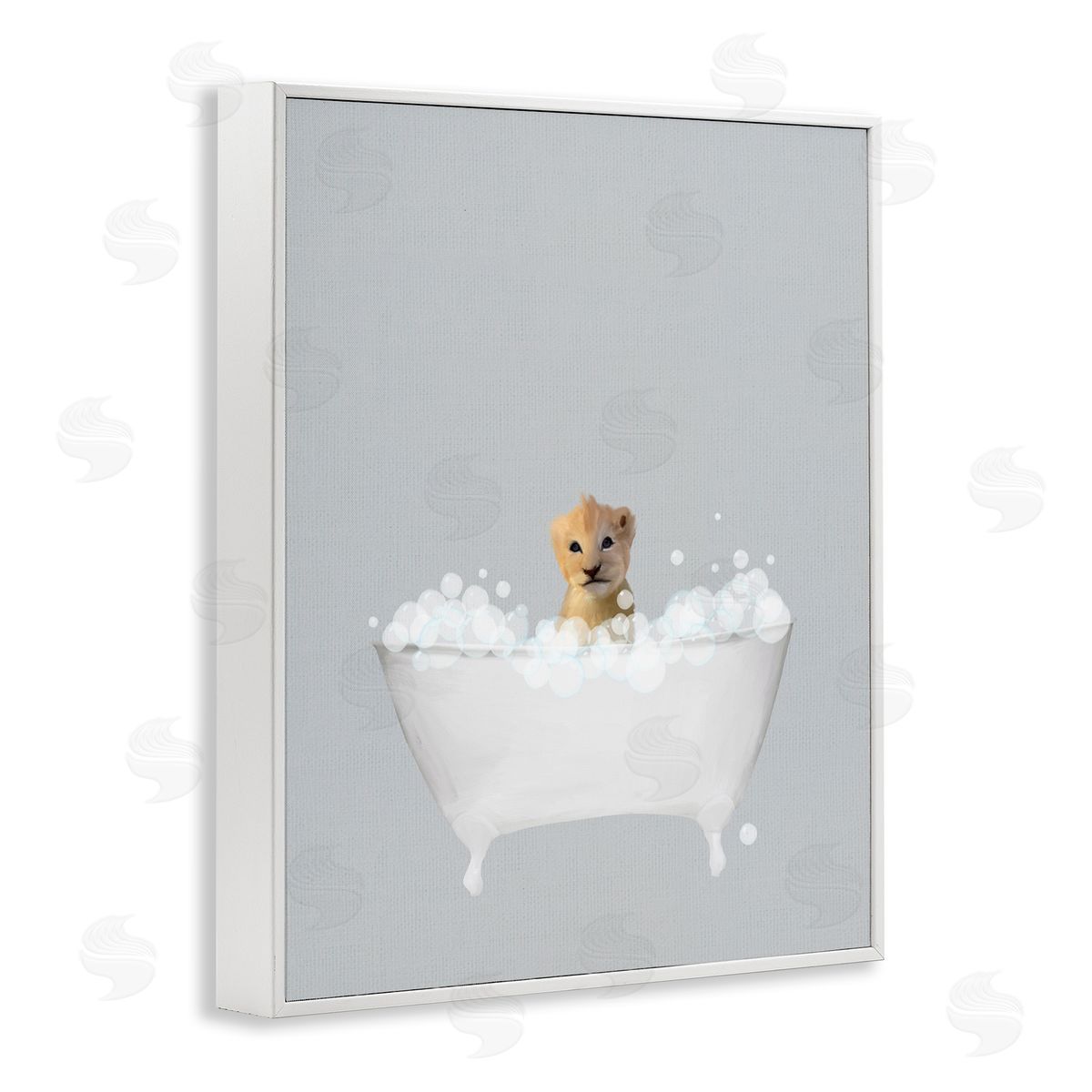 Lion Blue Bath Cute White Frame Print Wall Art, Home Decor by Leah Straatsma