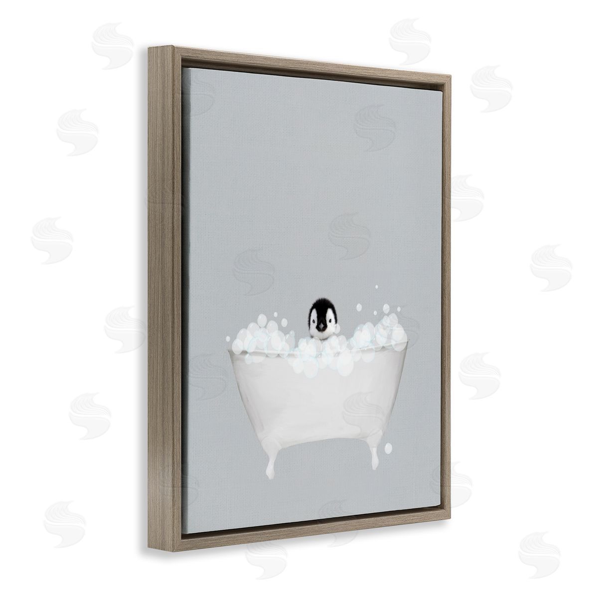 Penguin Blue Bath Cute Brown Floating Frame Canvas Wall Art, Home Decor by Leah Straatsma