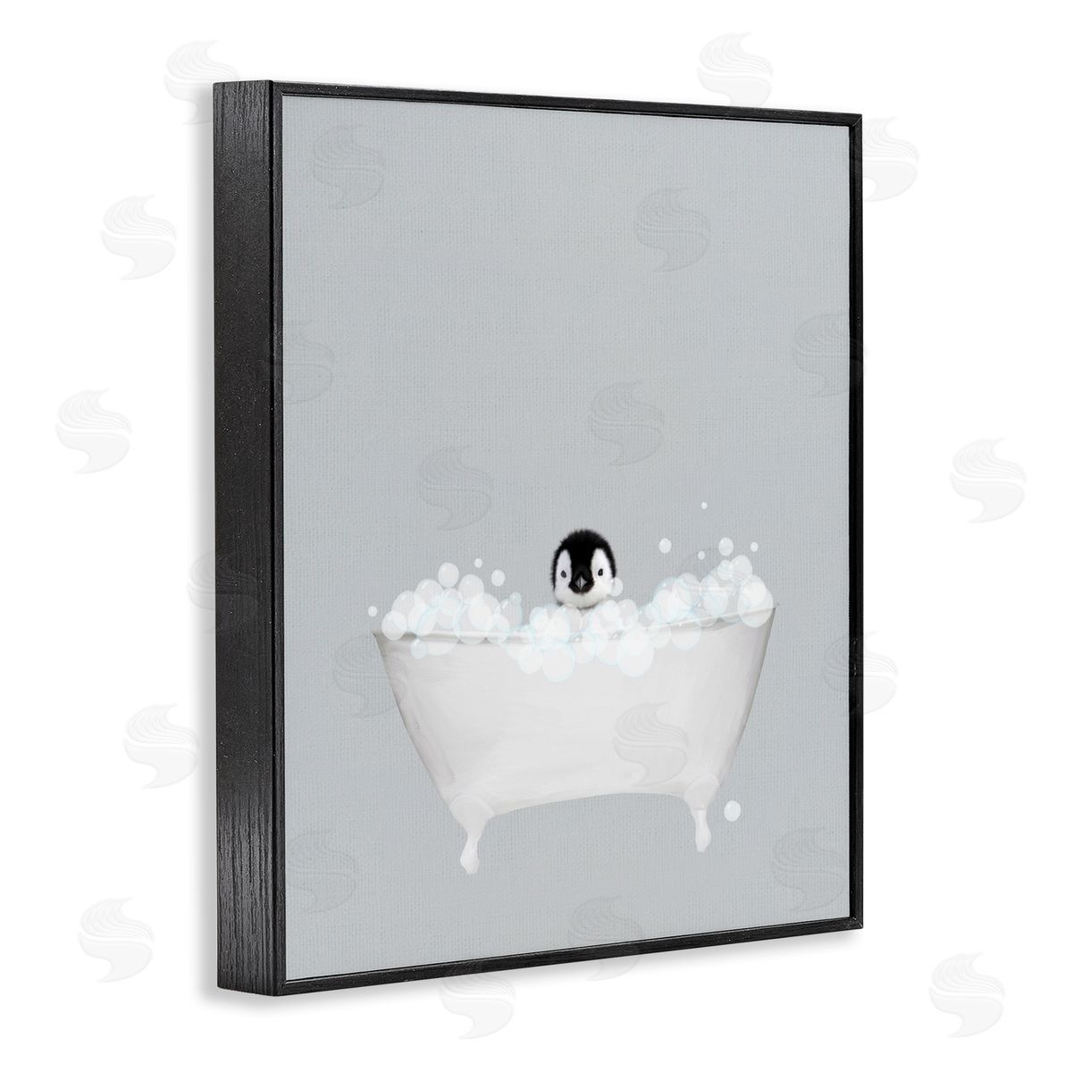Penguin Blue Bath Cute Black Frame Print Wall Art, Home Decor by Leah Straatsma