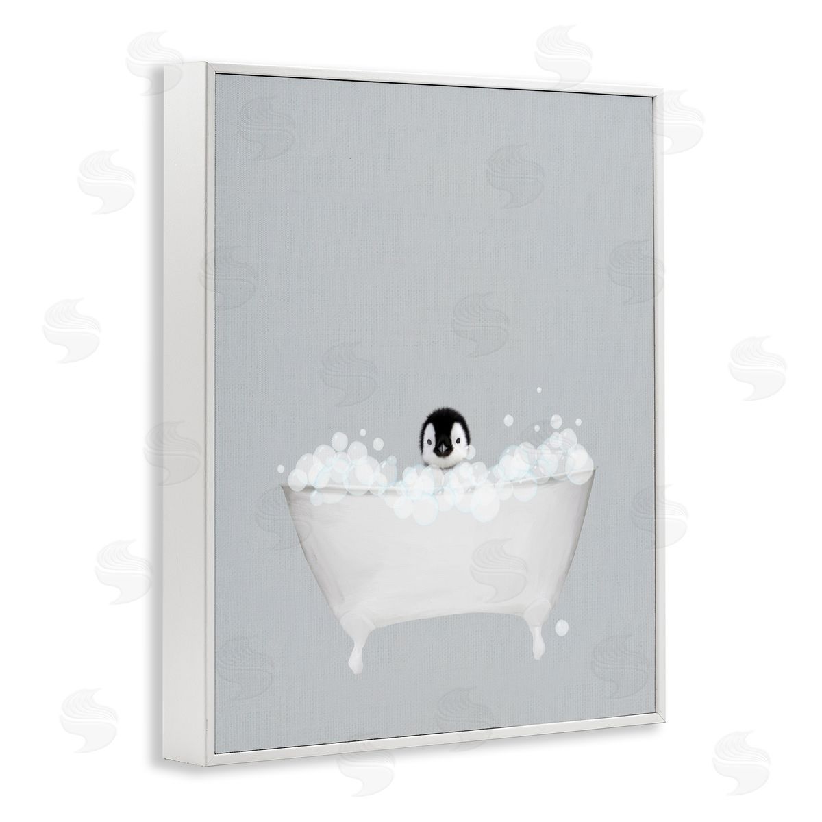Penguin Blue Bath Cute White Frame Print Wall Art, Home Decor by Leah Straatsma