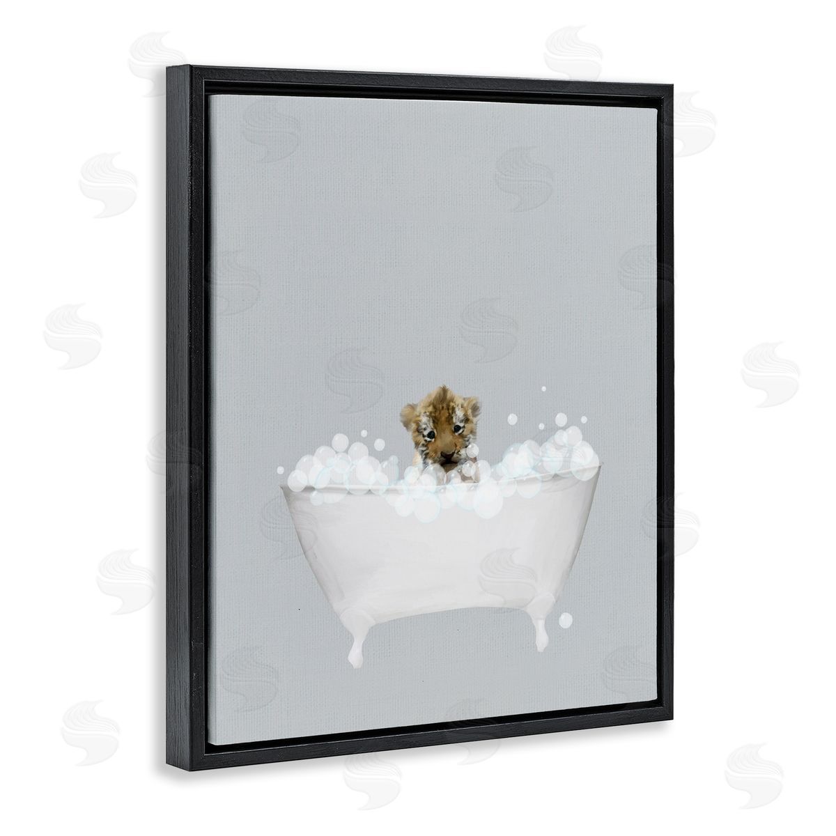Tiger Blue Bath Cute Black Floating Frame Canvas Wall Art, Home Decor by Leah Straatsma