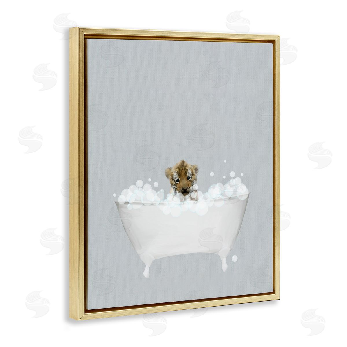 Tiger Blue Bath Cute Gold Floating Frame Canvas Wall Art, Home Decor by Leah Straatsma
