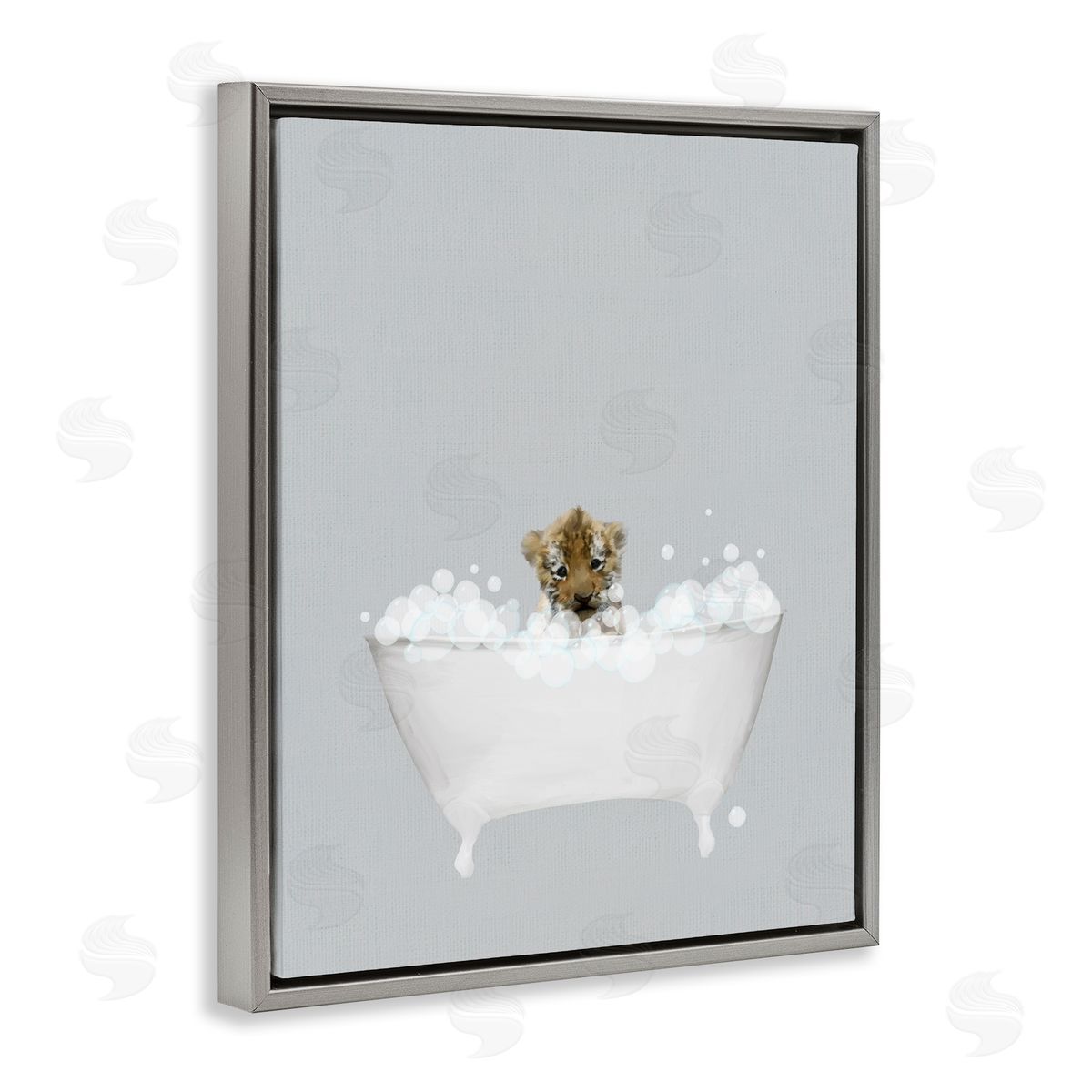Tiger Blue Bath Cute Grey Floating Frame Canvas Wall Art, Home Decor by Leah Straatsma