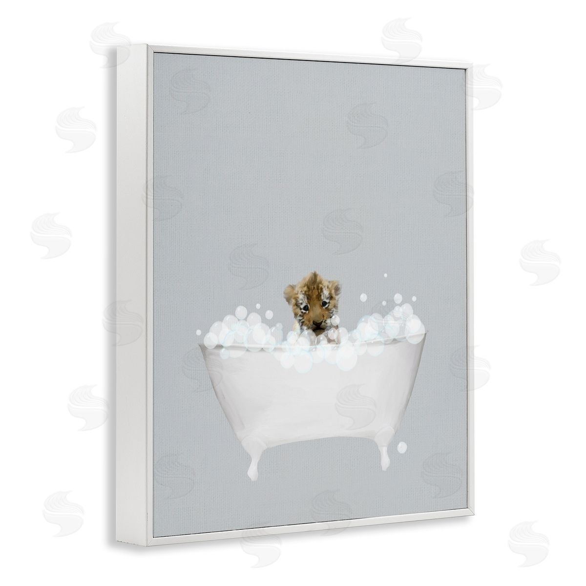 Tiger Blue Bath Cute White Frame Print Wall Art, Home Decor by Leah Straatsma