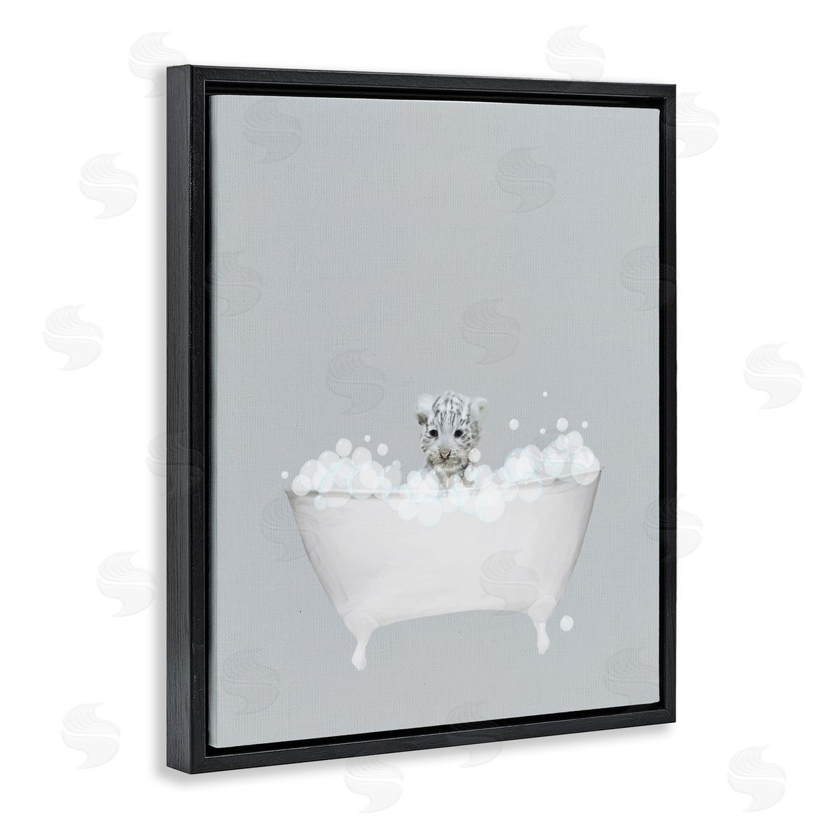 White Tiger Blue Bath Cute Black Floating Frame Canvas Wall Art, Home Decor by Leah Straatsma