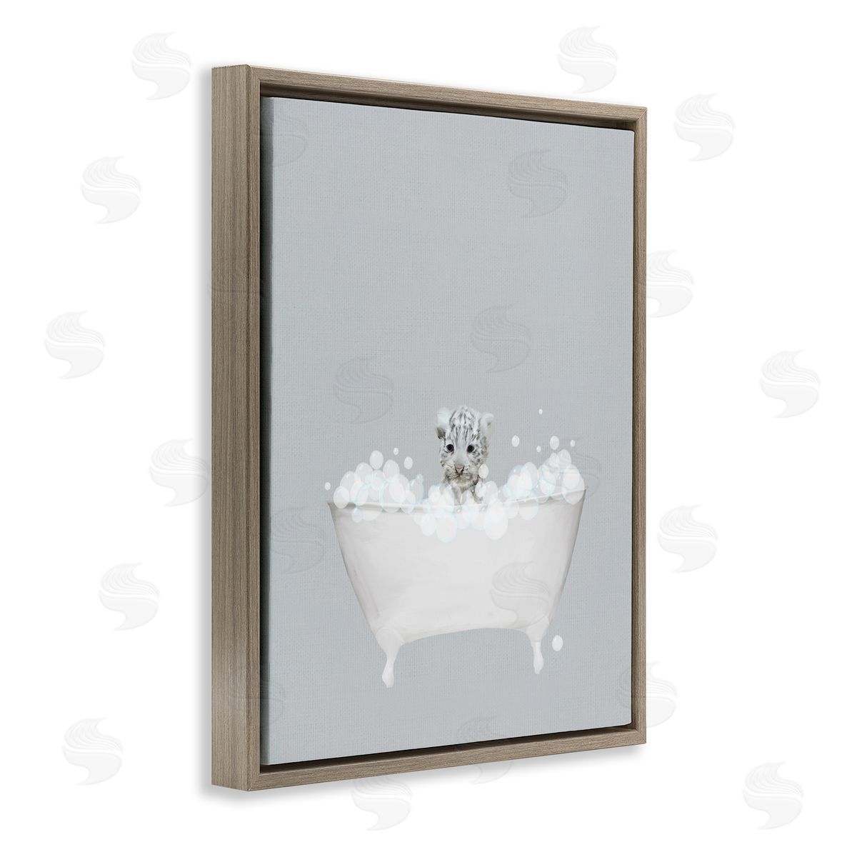 White Tiger Blue Bath Cute Brown Floating Frame Canvas Wall Art, Home Decor by Leah Straatsma