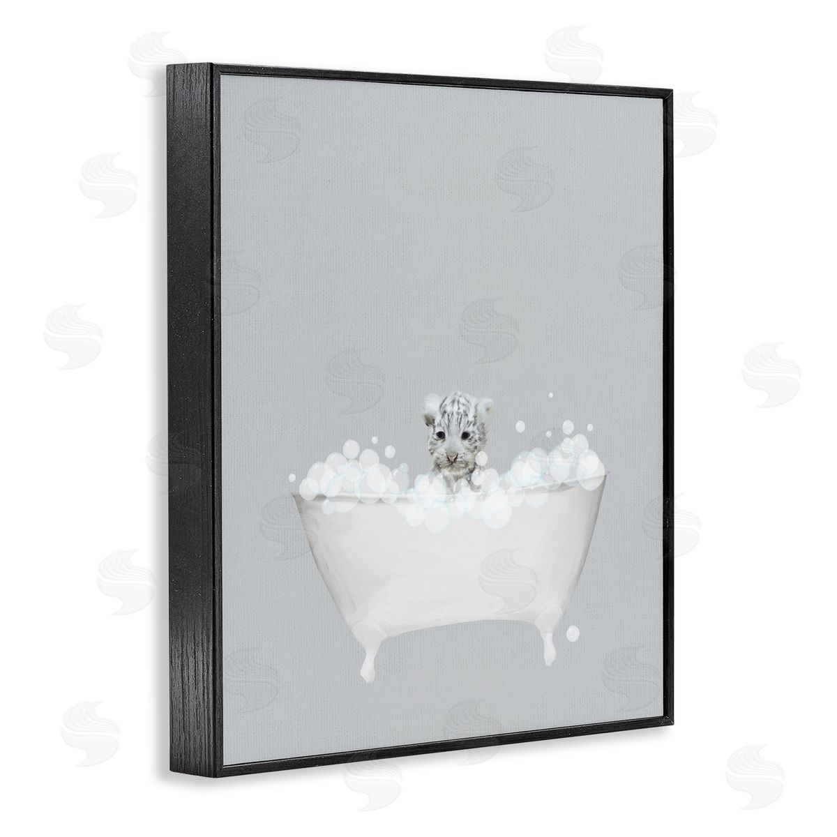 White Tiger Blue Bath Cute Black Frame Print Wall Art, Home Decor by Leah Straatsma