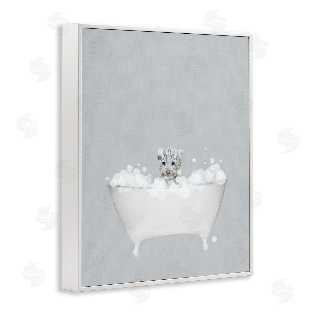 White Tiger Blue Bath Cute White Frame Print Wall Art, Home Decor by Leah Straatsma
