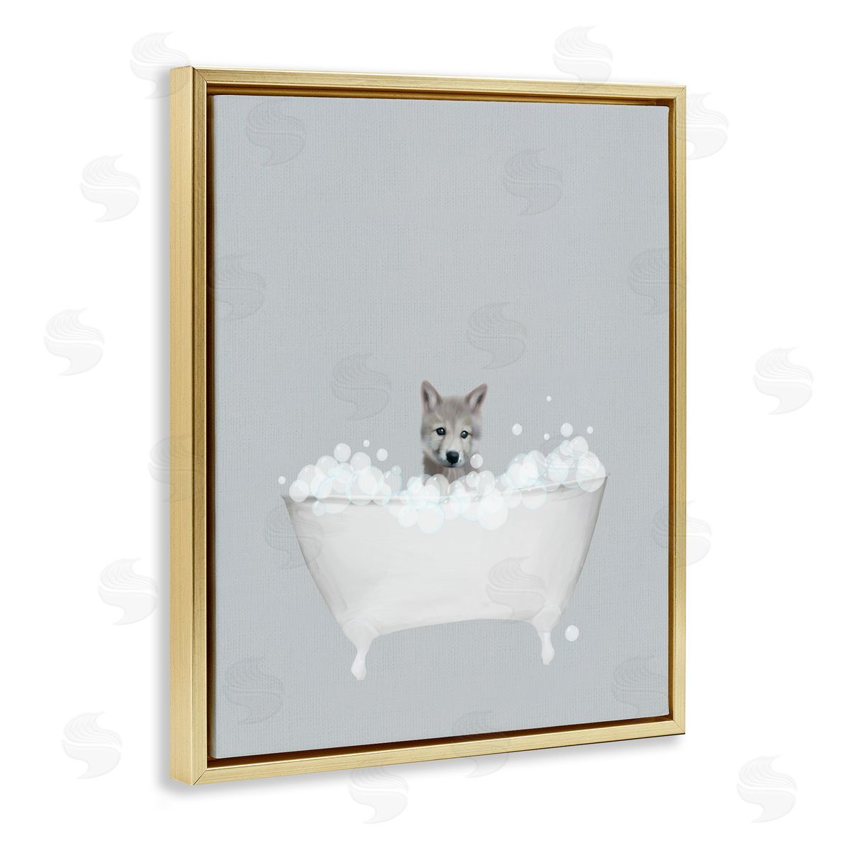 Wolf Blue Bath Cute Gold Floating Frame Canvas Wall Art, Home Decor by Leah Straatsma