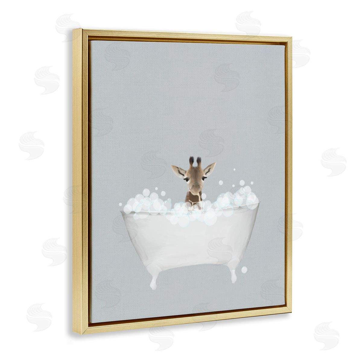 Giraffe Blue Bath Cute Gold Floating Frame Canvas Wall Art, Home Decor by Leah Straatsma