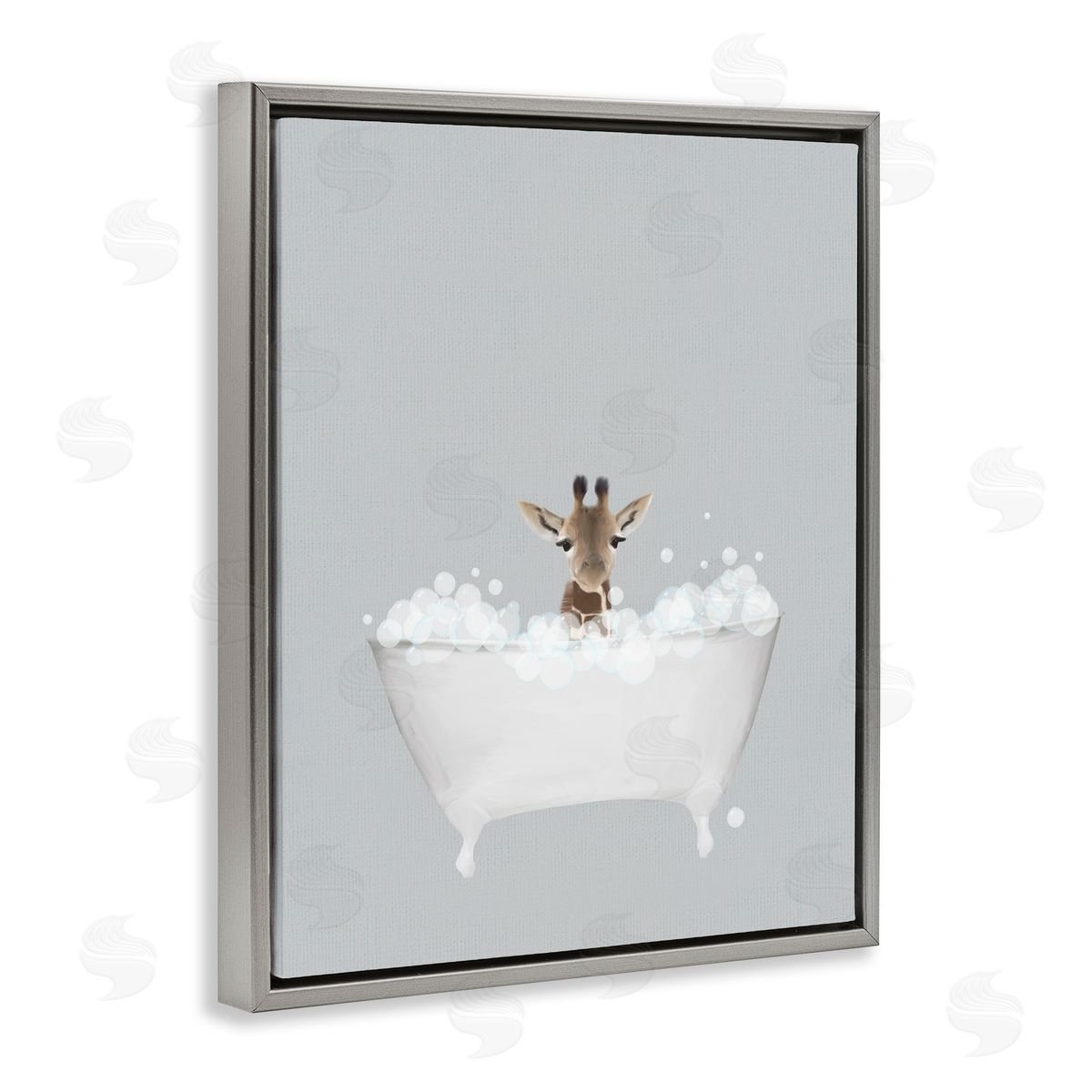 Giraffe Blue Bath Cute Grey Floating Frame Canvas Wall Art, Home Decor by Leah Straatsma