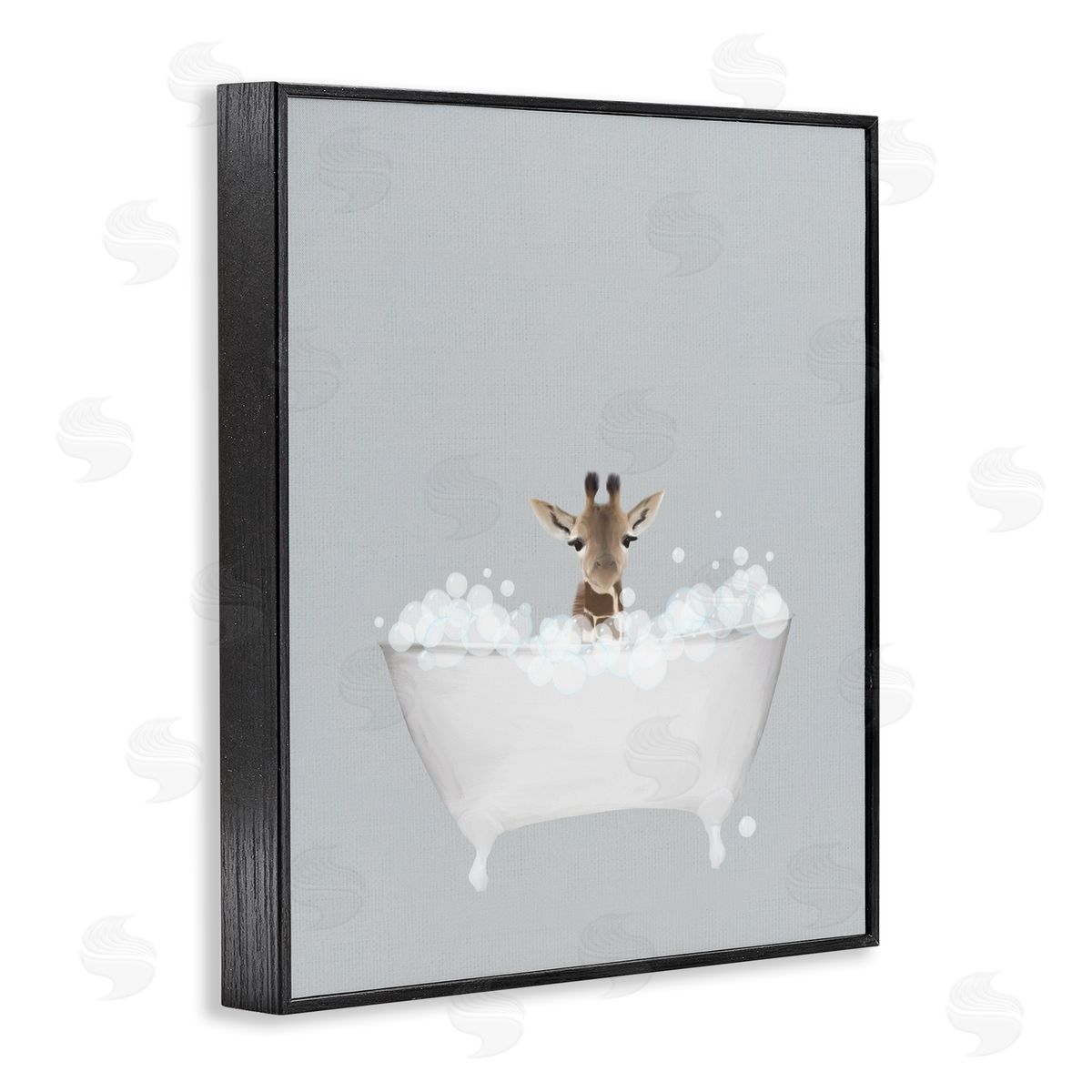 Giraffe Blue Bath Cute Black Frame Print Wall Art, Home Decor by Leah Straatsma