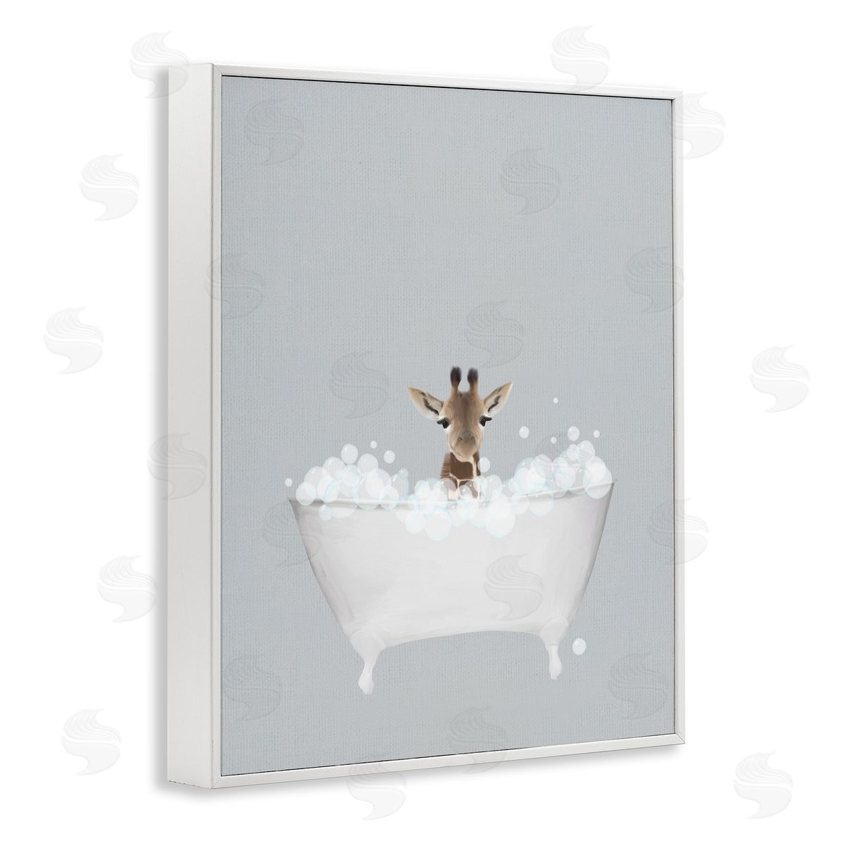 Giraffe Blue Bath Cute White Frame Print Wall Art, Home Decor by Leah Straatsma