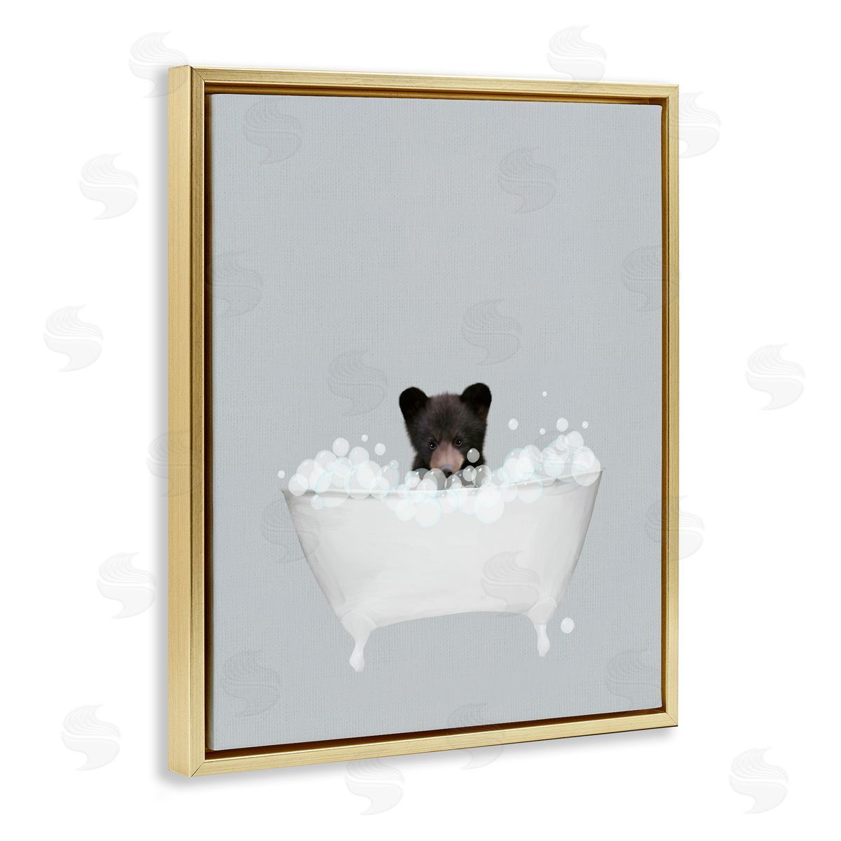 Bear Blue Bath Cute Gold Floating Frame Canvas Wall Art, Home Decor by Leah Straatsma