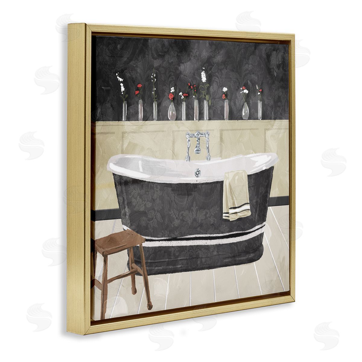 Bath Tub Interior Black & White Gold Floating Frame Canvas Wall Art, Home Decor by Milli Villa