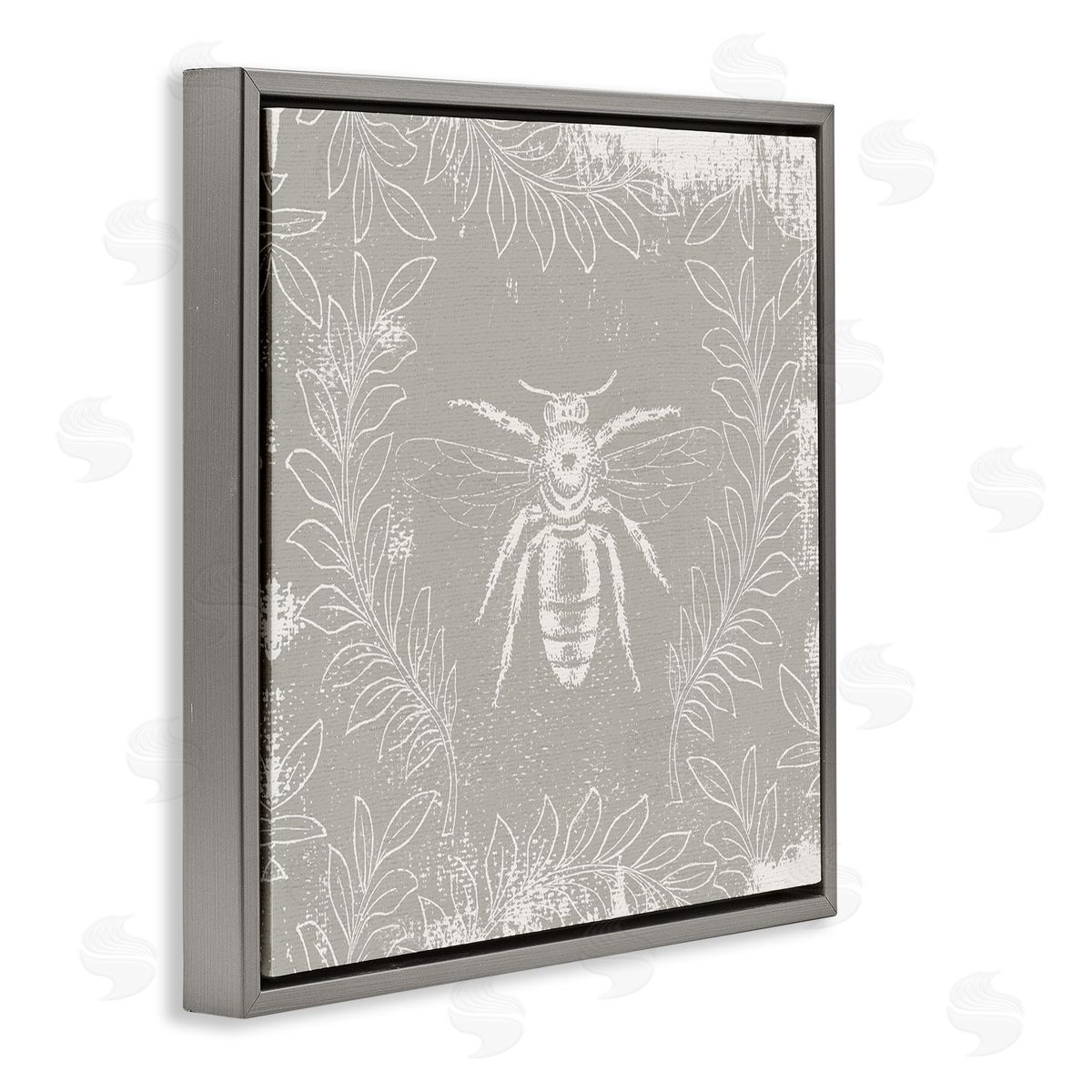 Bee Floral Pattern Grey Floating Frame Canvas Wall Art, Home Decor by Stupell Studio
