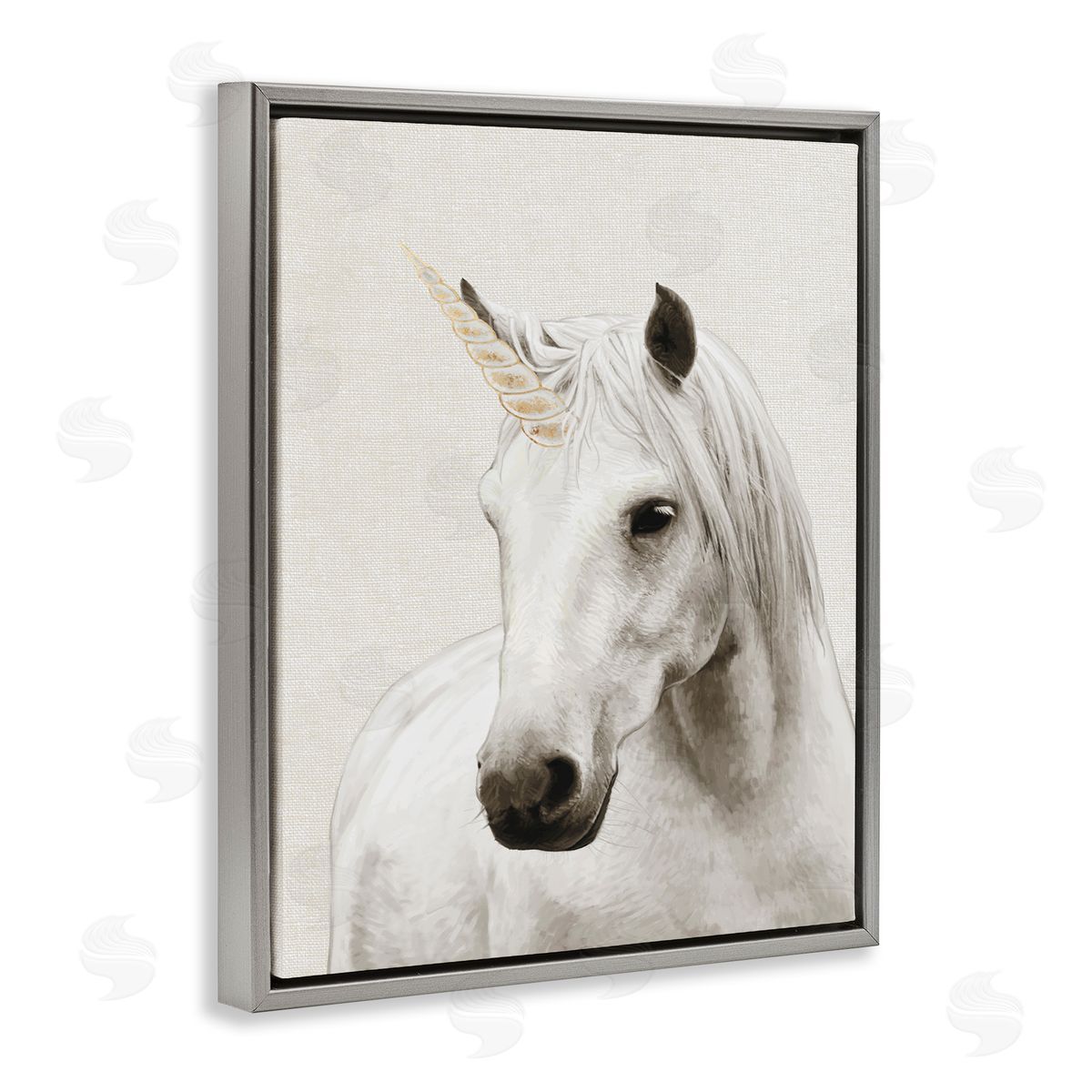 Unicorn Portrait White Fantasy Grey Floating Frame Canvas Wall Art, Home Decor by Ziwei Li