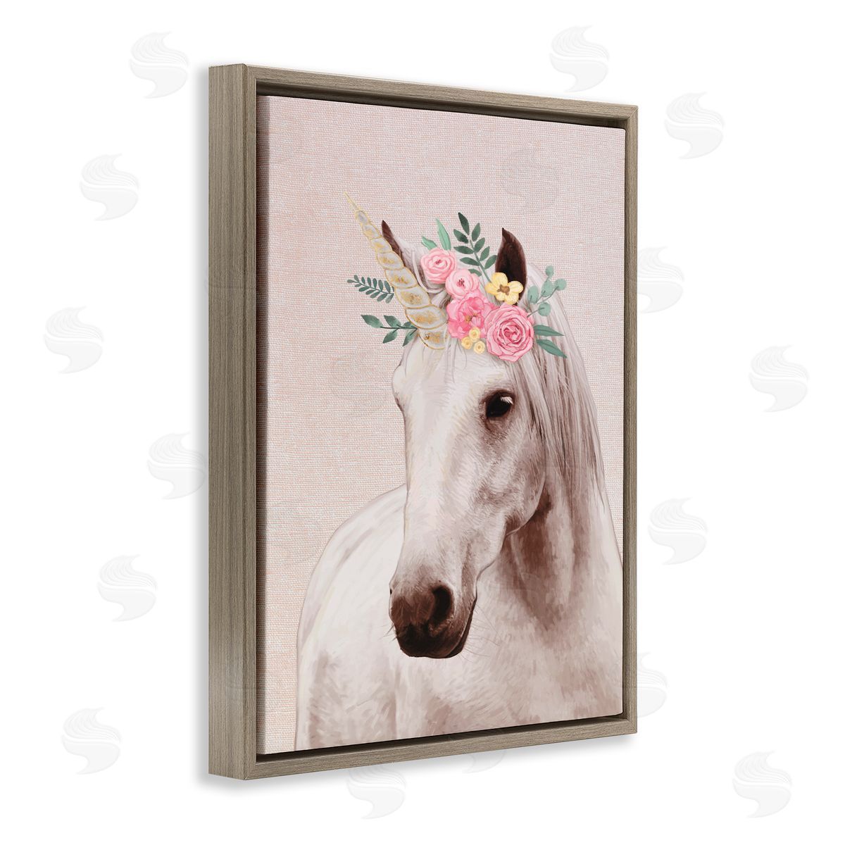 Unicorn Portrait Pink Fantasy Brown Floating Frame Canvas Wall Art, Home Decor by Ziwei Li