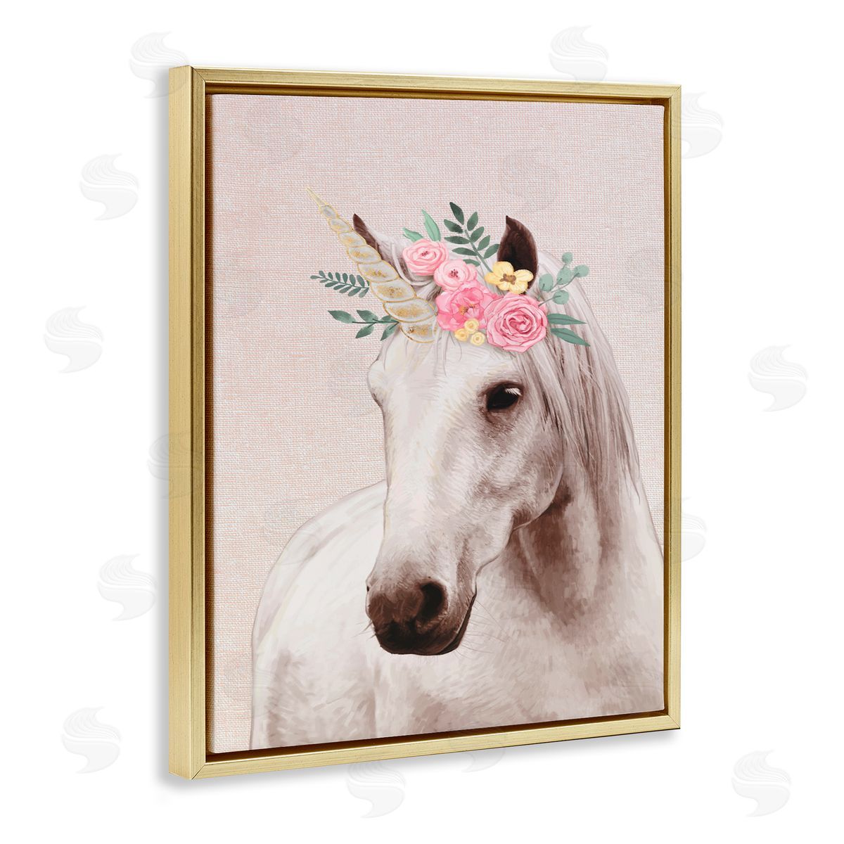 Unicorn Portrait Pink Fantasy Gold Floating Frame Canvas Wall Art, Home Decor by Ziwei Li