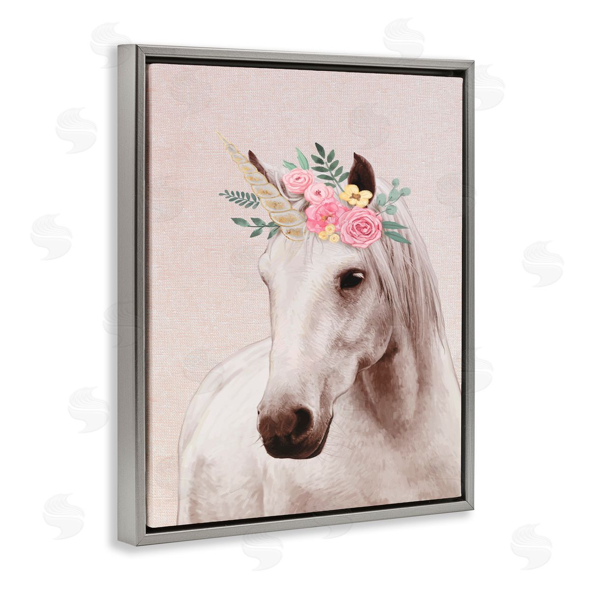 Unicorn Portrait Pink Fantasy Grey Floating Frame Canvas Wall Art, Home Decor by Ziwei Li
