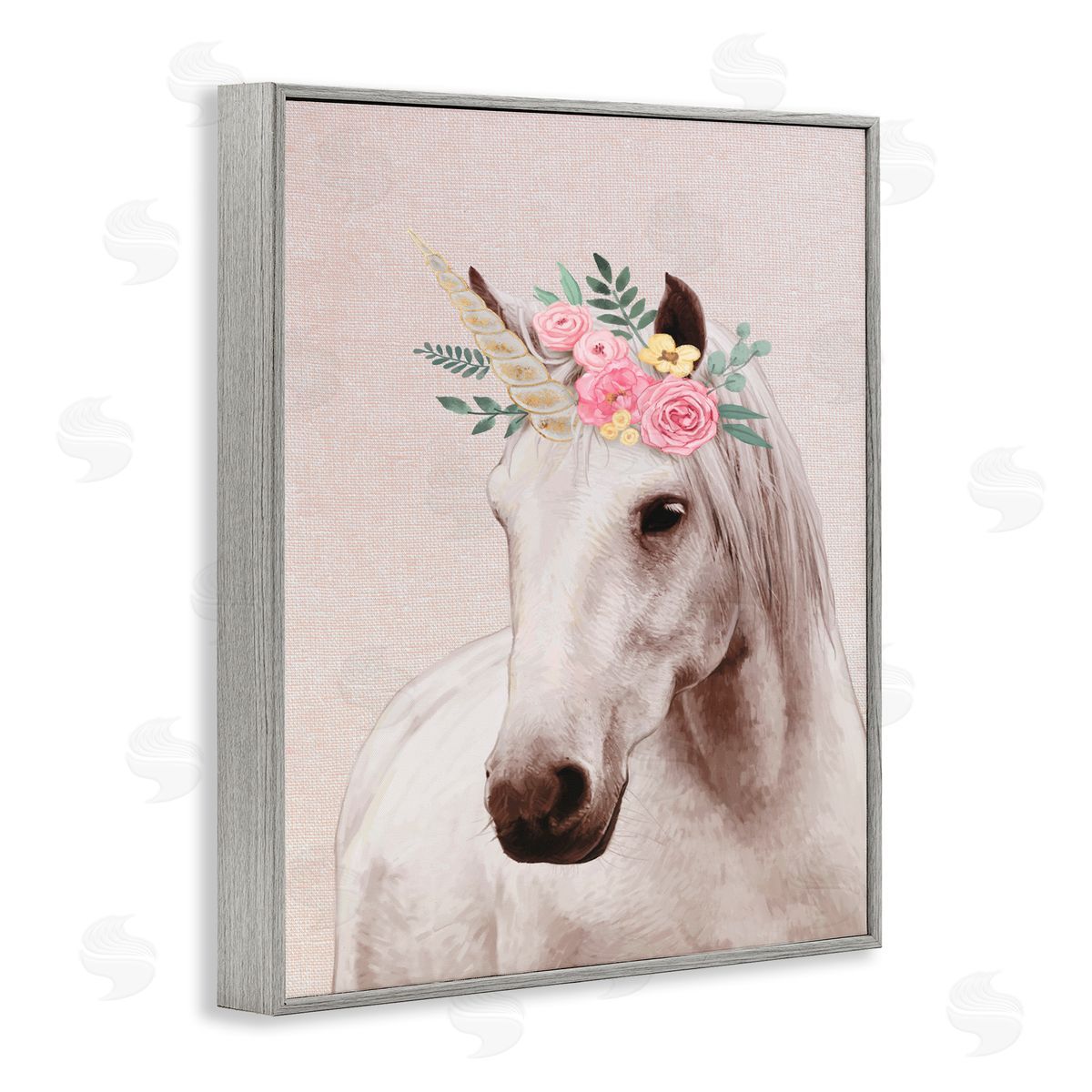 Unicorn Portrait Pink Fantasy Grey Frame Print Wall Art, Home Decor by Ziwei Li