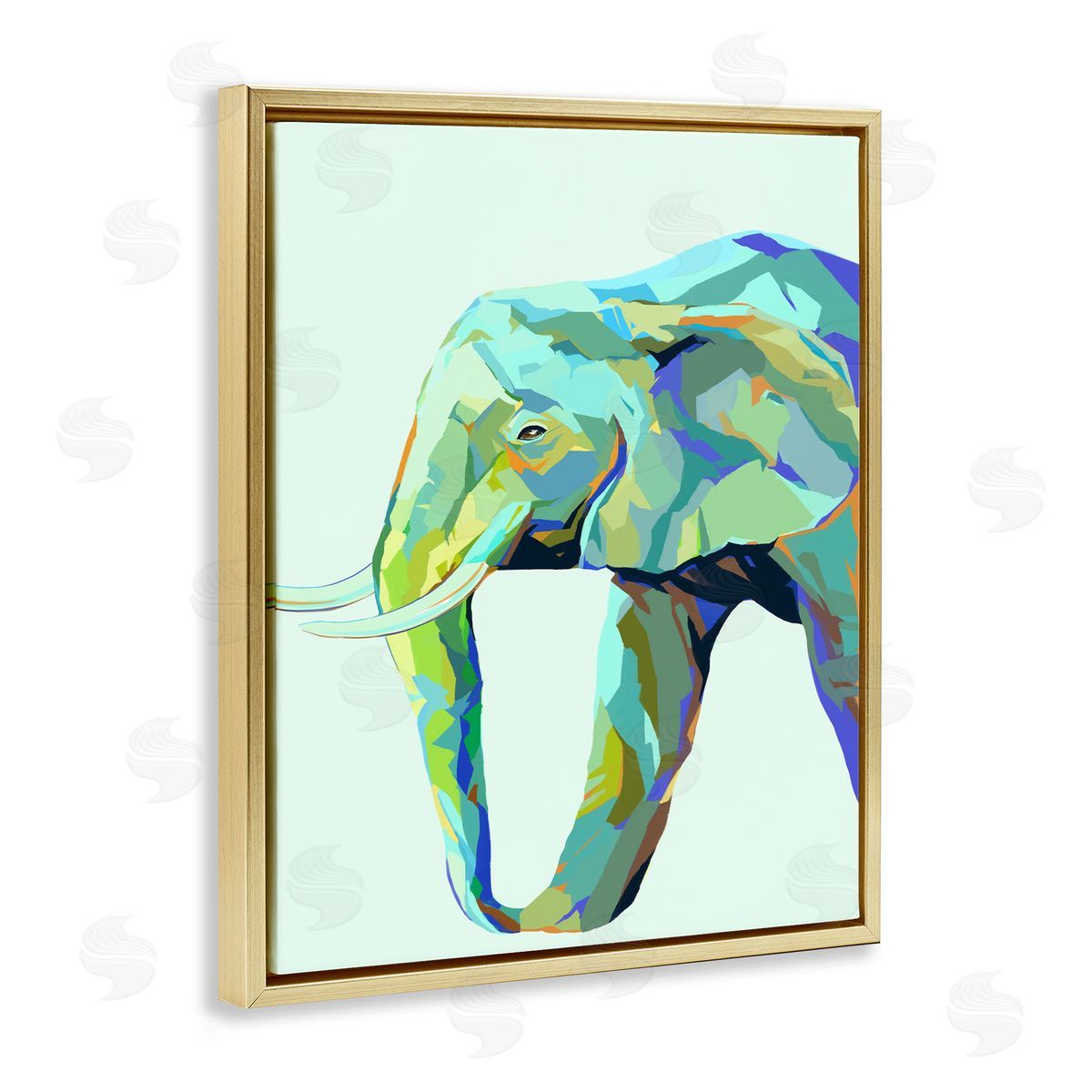 Elephant Abstract Shapes Blue Green Gold Floating Frame Canvas Wall Art, Home Decor by Ziwei Li