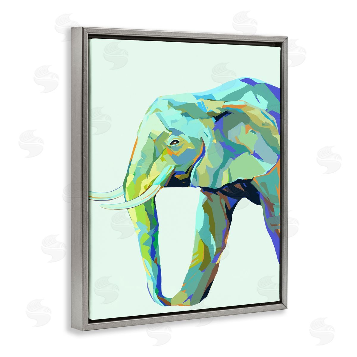 Elephant Abstract Shapes Blue Green Grey Floating Frame Canvas Wall Art, Home Decor by Ziwei Li