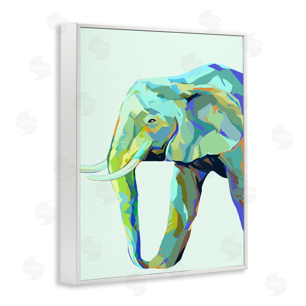 Elephant Abstract Shapes Blue Green White Frame Print Wall Art, Home Decor by Ziwei Li