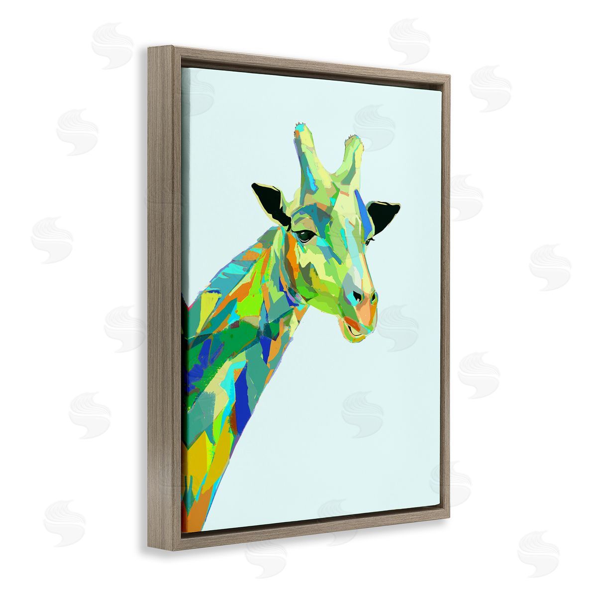 Giraffe Abstract Shapes Blue Green Brown Floating Frame Canvas Wall Art, Home Decor by Ziwei Li
