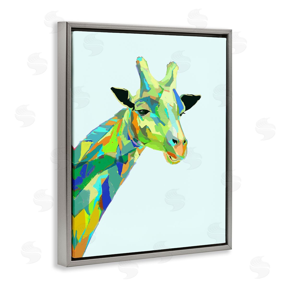Giraffe Abstract Shapes Blue Green Grey Floating Frame Canvas Wall Art, Home Decor by Ziwei Li