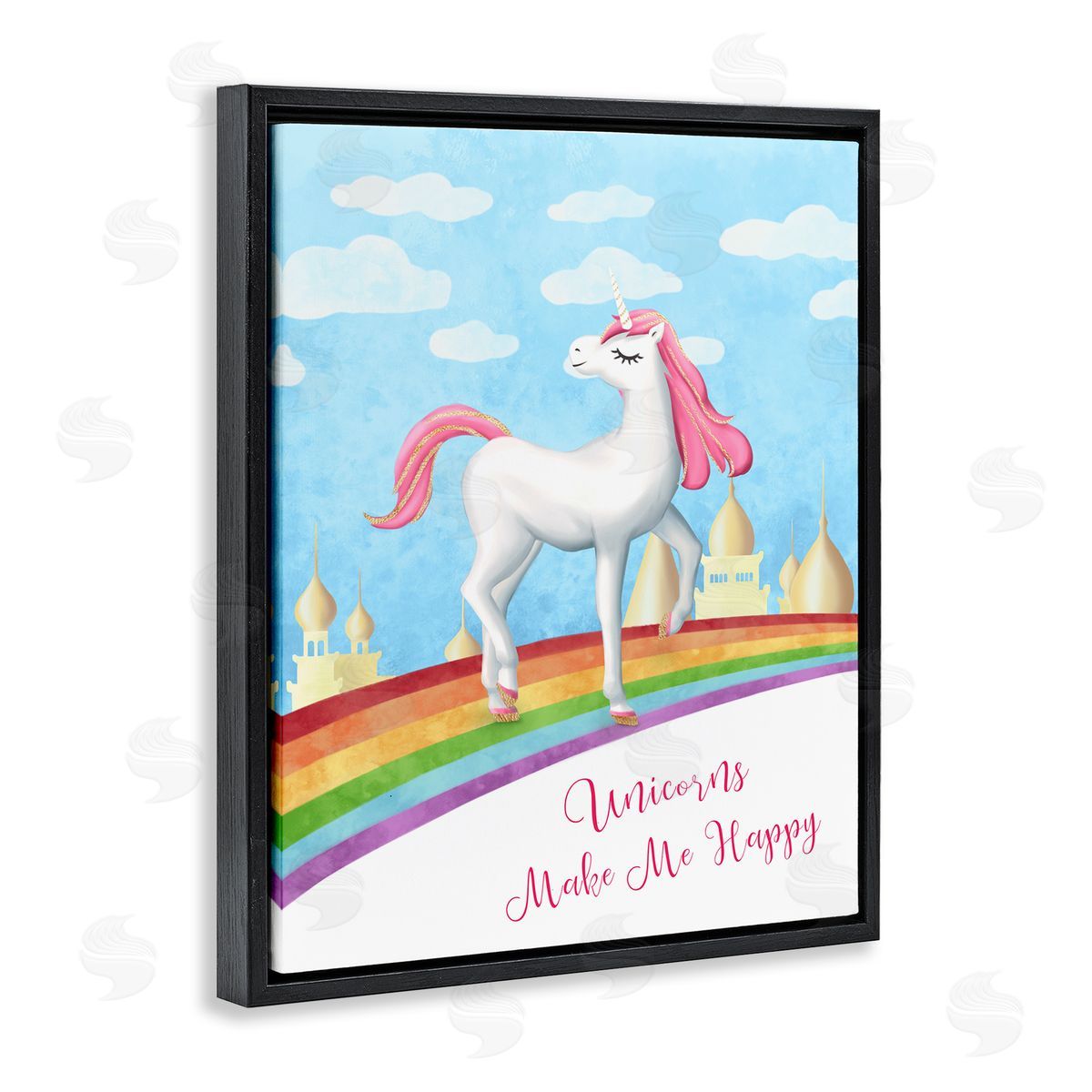 Unicorns Make Me Happy Rainbow Black Floating Frame Canvas Wall Art, Home Decor by Ziwei Li