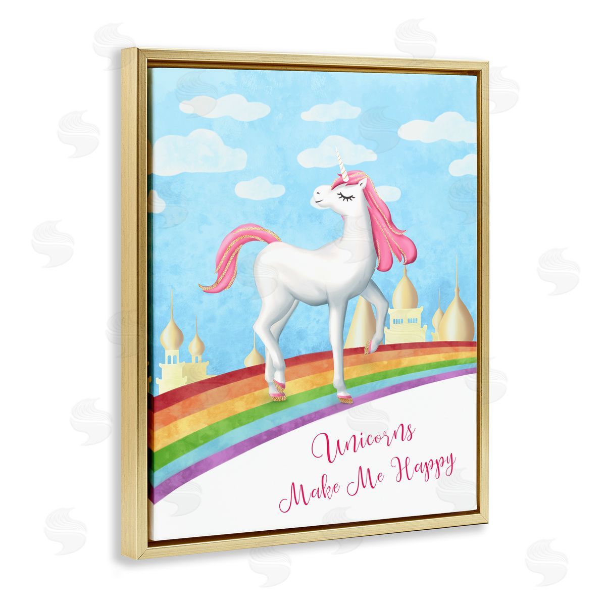 Unicorns Make Me Happy Rainbow Gold Floating Frame Canvas Wall Art, Home Decor by Ziwei Li