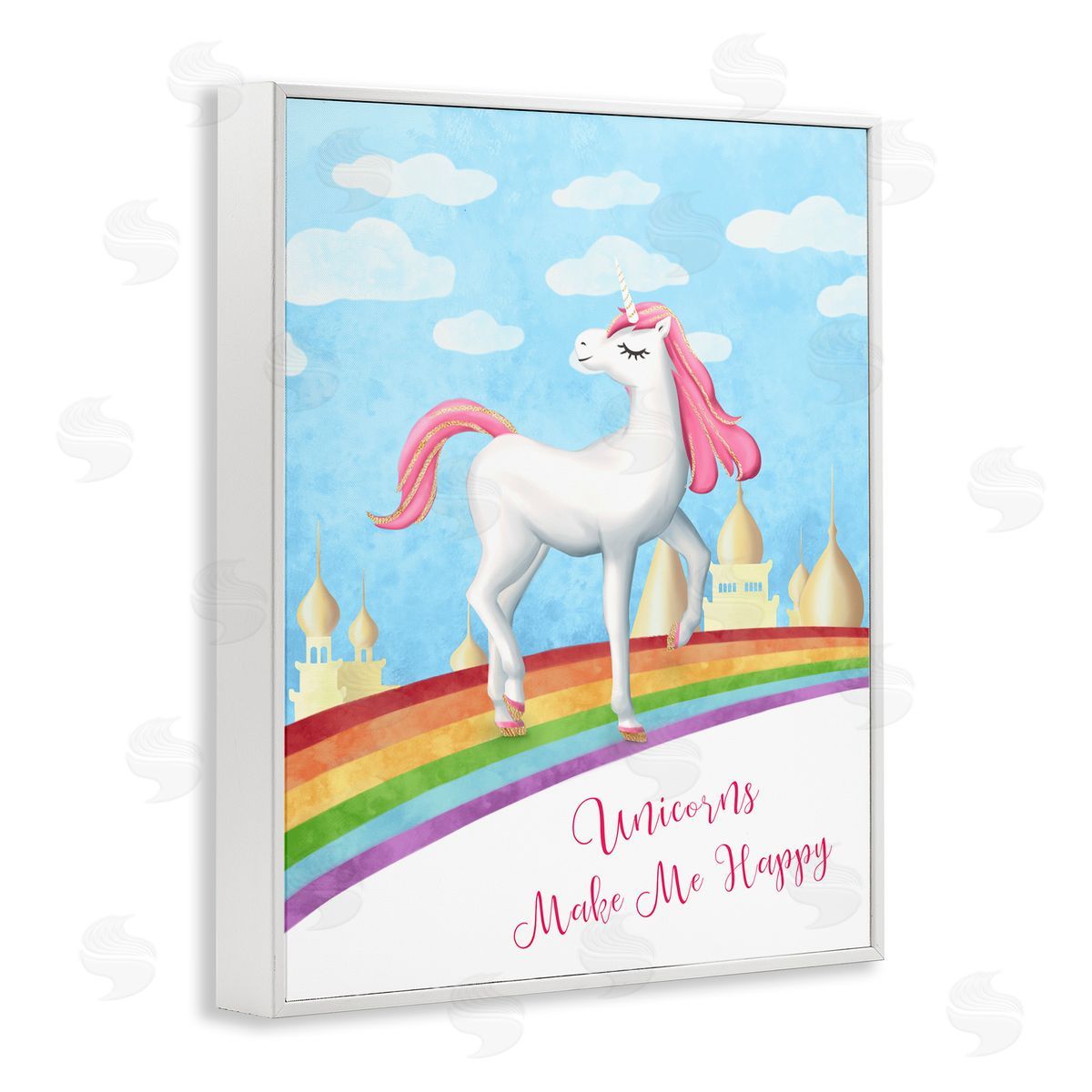 Unicorns Make Me Happy Rainbow White Frame Print Wall Art, Home Decor by Ziwei Li