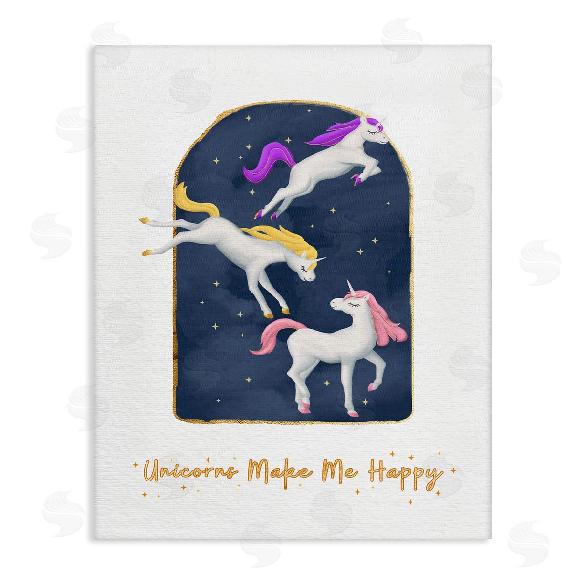 Unicorns Make Me Happy Gold Blue Canvas Wall Art, Home Decor by Ziwei Li