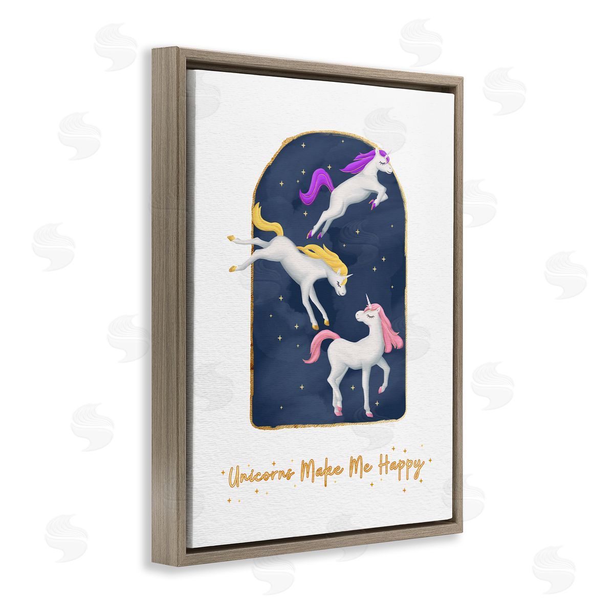 Unicorns Make Me Happy Gold Blue Brown Floating Frame Canvas Wall Art, Home Decor by Ziwei Li