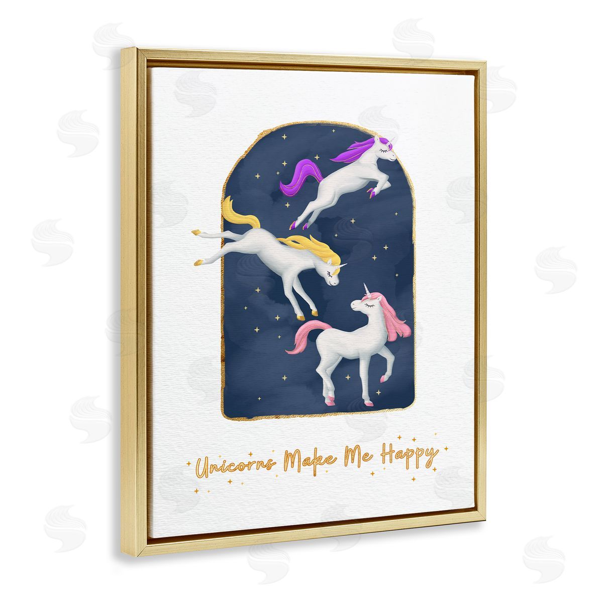 Unicorns Make Me Happy Gold Blue Gold Floating Frame Canvas Wall Art, Home Decor by Ziwei Li