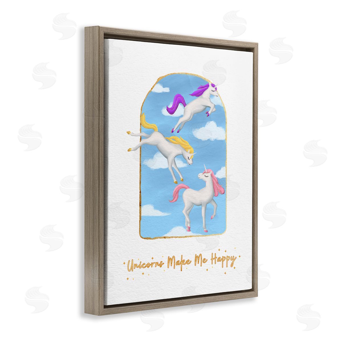 Unicorns Make Me Happy Sky Blue Brown Floating Frame Canvas Wall Art, Home Decor by Ziwei Li
