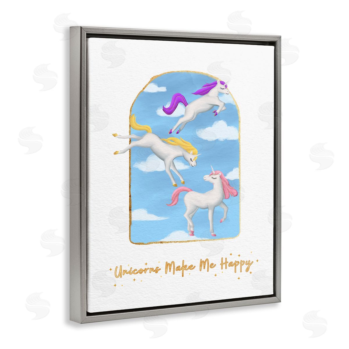 Unicorns Make Me Happy Sky Blue Grey Floating Frame Canvas Wall Art, Home Decor by Ziwei Li