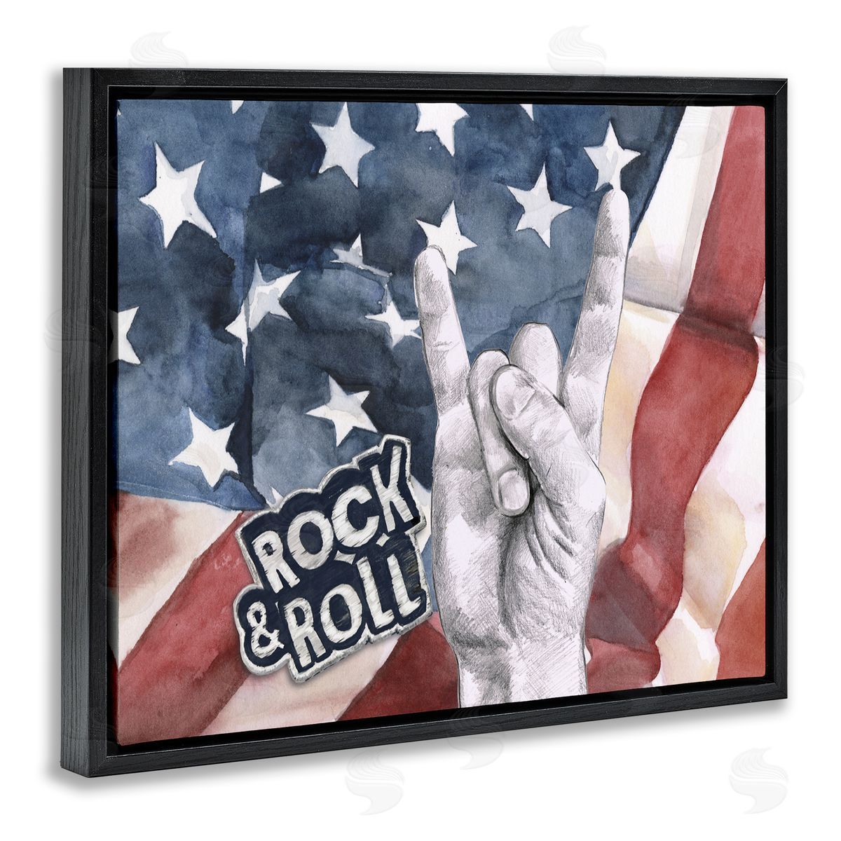 Rock And Roll American Flag Black Floating Frame Canvas Wall Art, Home Decor by Jennifer Paxton Parker