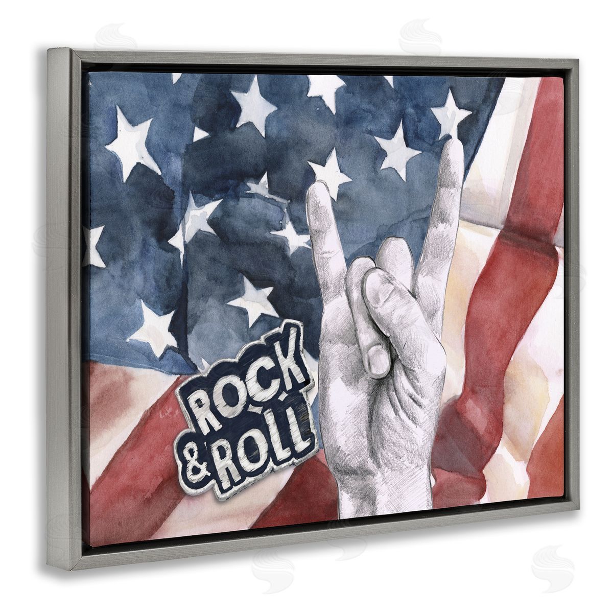 Rock And Roll American Flag Grey Floating Frame Canvas Wall Art, Home Decor by Jennifer Paxton Parker