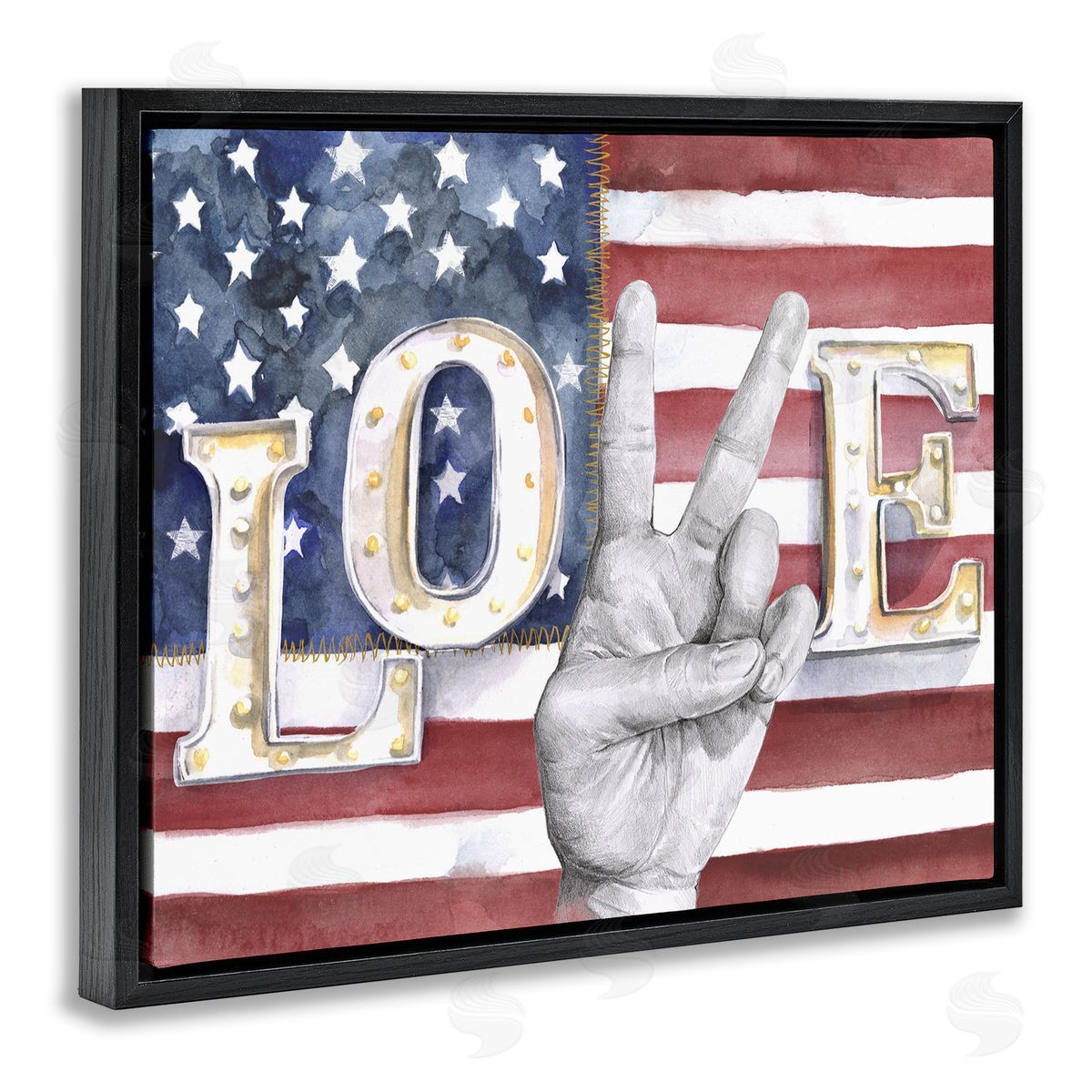 Love Peace Sign American Flag Black Floating Frame Canvas Wall Art, Home Decor by Jennifer Paxton Parker