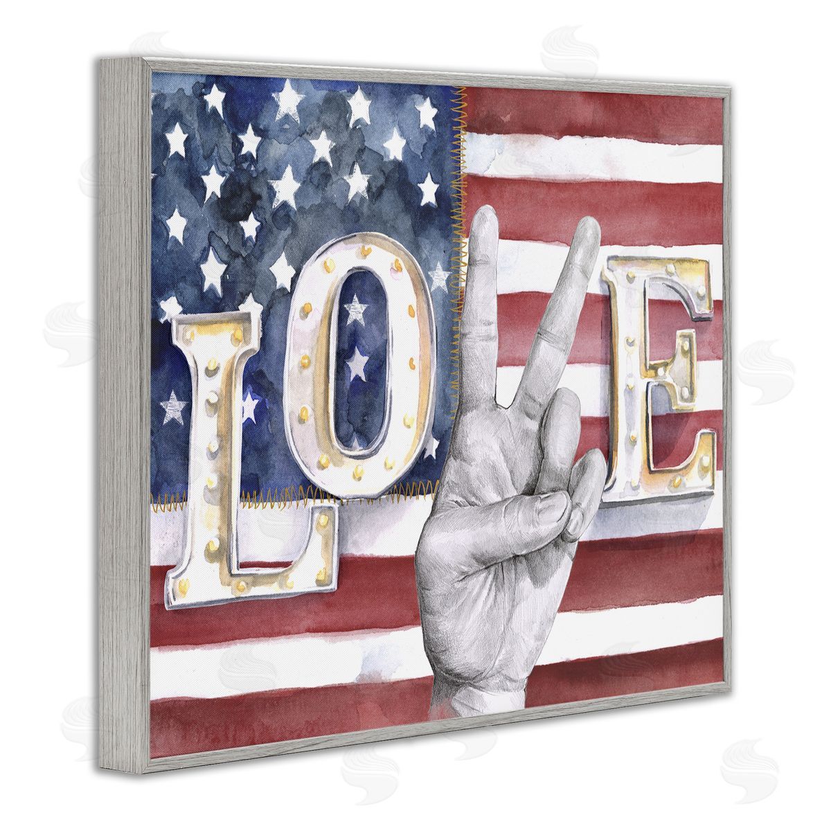 Love Peace Sign American Flag Grey Frame Print Wall Art, Home Decor by Jennifer Paxton Parker