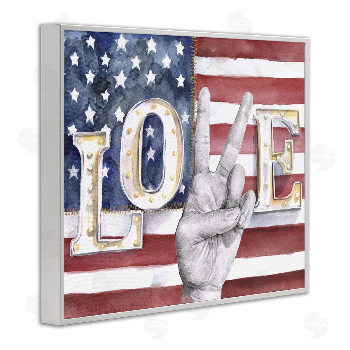 Love Peace Sign American Flag White Frame Print Wall Art, Home Decor by Jennifer Paxton Parker