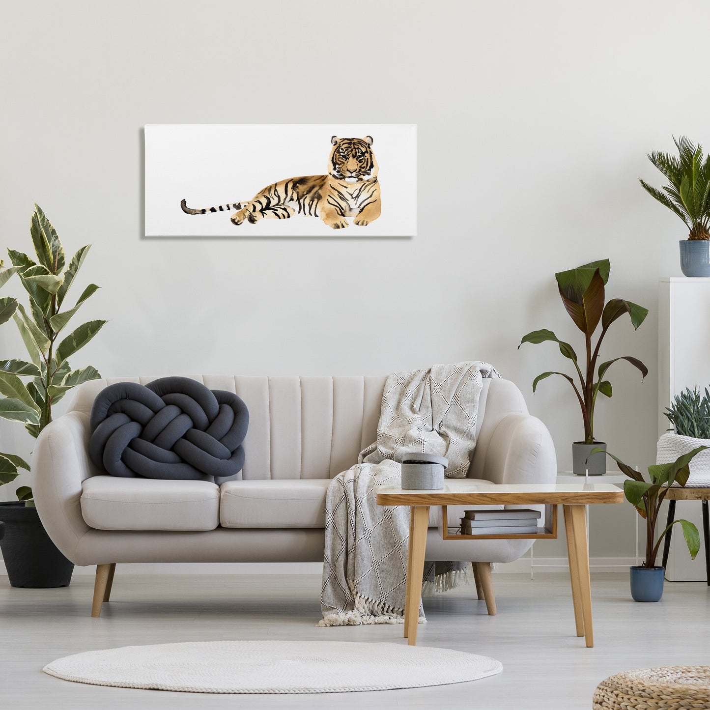 Tiger Resting Orange Ink Watercolor Canvas Wall Art in Room, Home Decor by Victoria Borges