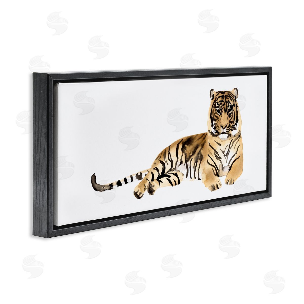 Tiger Resting Orange Ink Watercolor Black Floating Frame Canvas Wall Art, Home Decor by Victoria Borges