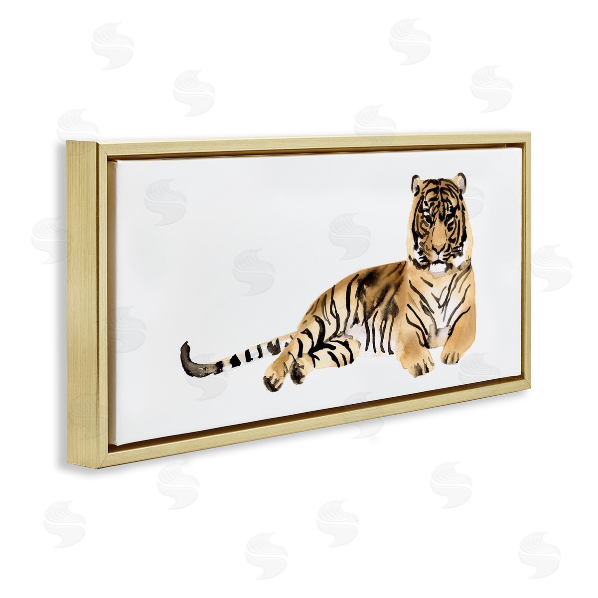 Tiger Resting Orange Ink Watercolor Gold Floating Frame Canvas Wall Art, Home Decor by Victoria Borges
