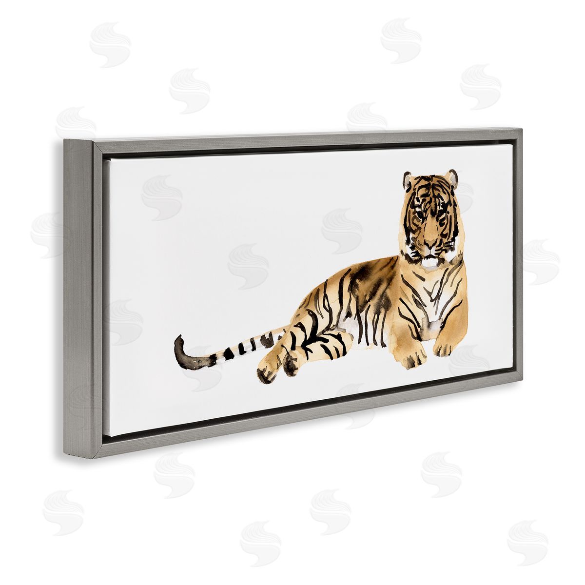 Tiger Resting Orange Ink Watercolor Grey Floating Frame Canvas Wall Art, Home Decor by Victoria Borges