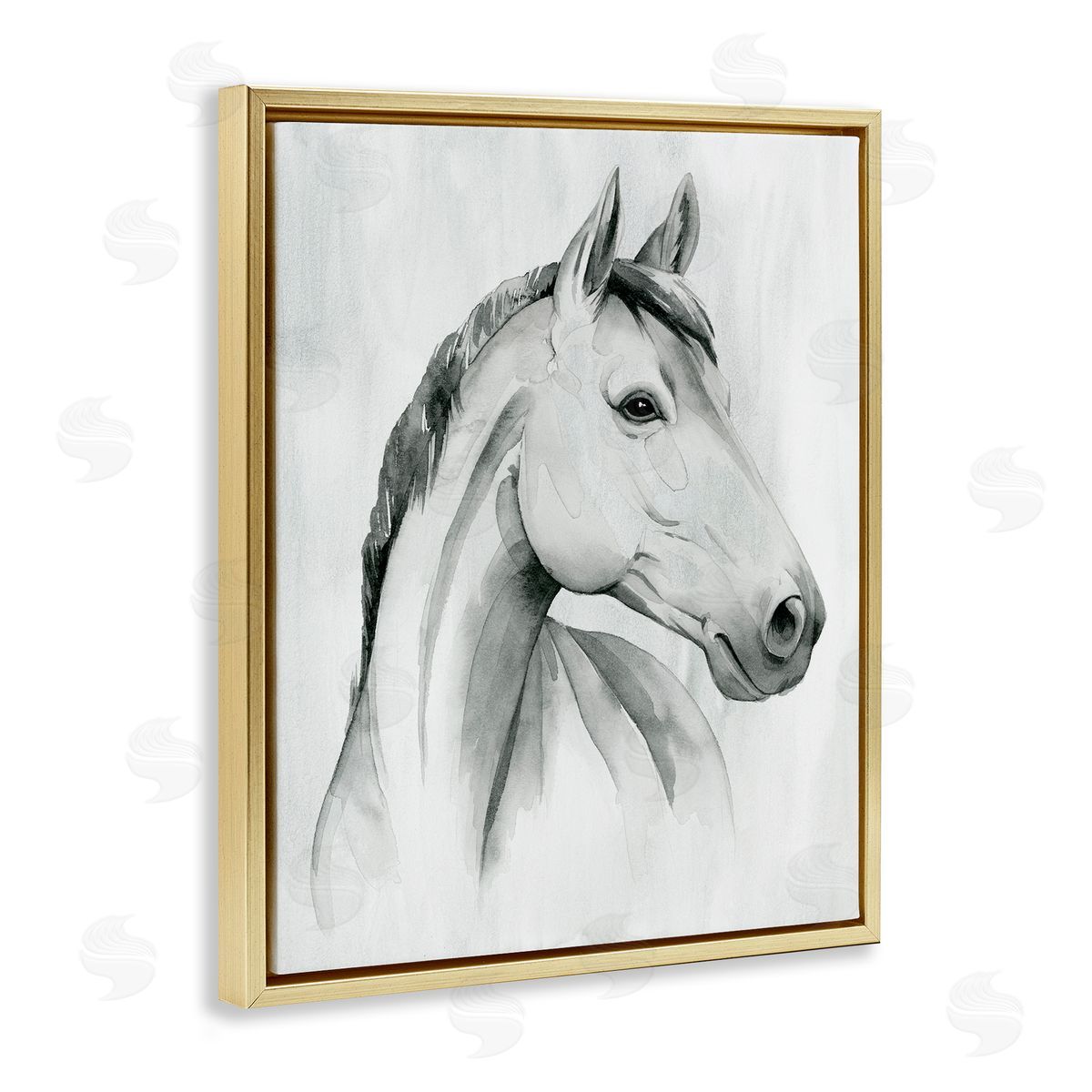 Horse Portrait Grey Drawing Gold Floating Frame Canvas Wall Art, Home Decor by Grace Popp