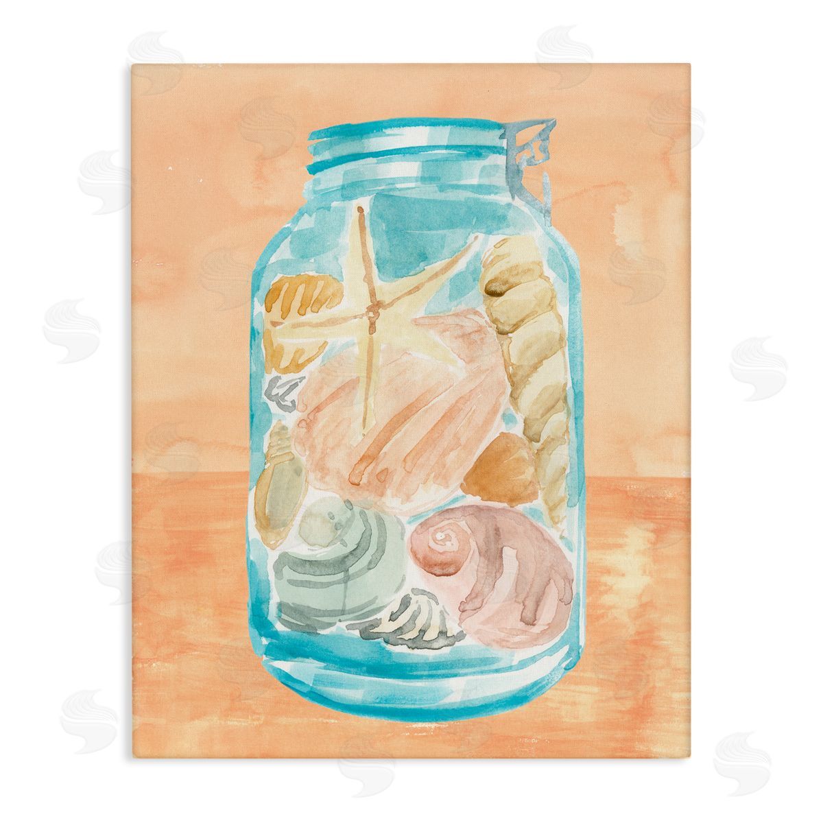 Beach Shells In Jar Blue Orange Canvas Wall Art, Home Decor by Annie Warren