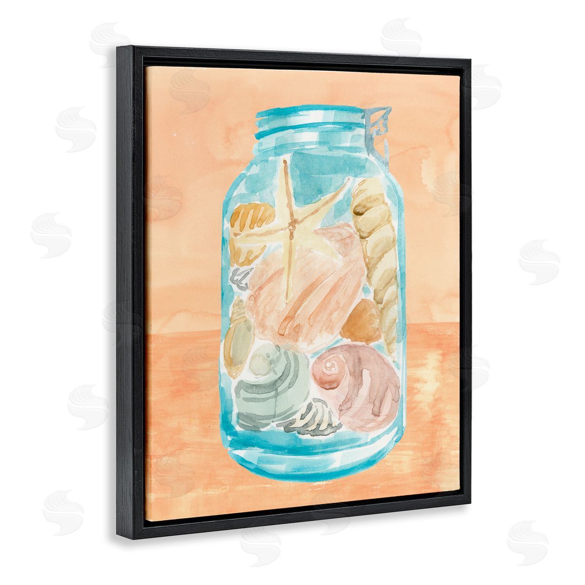 Beach Shells In Jar Blue Orange Black Floating Frame Canvas Wall Art, Home Decor by Annie Warren